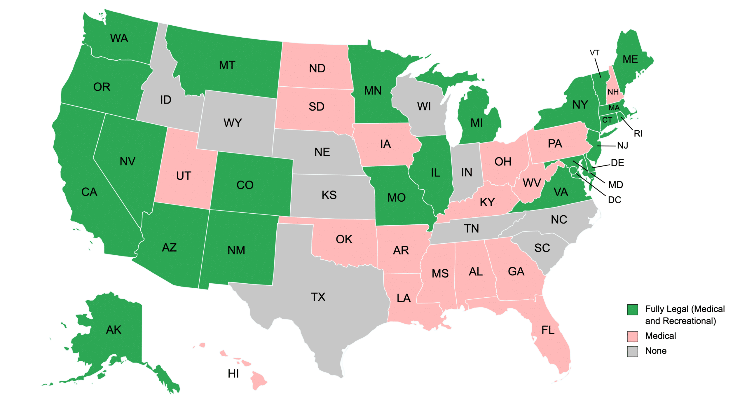 Map of United States cannabis legalization status by state